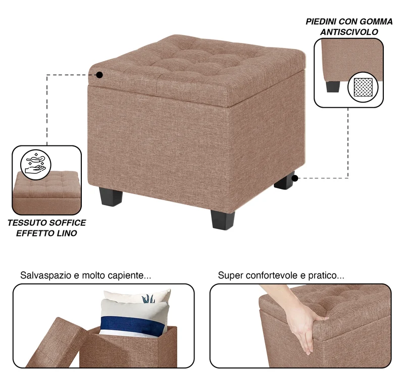 Pouf Poggiapiedi Cubico XXL Con Contenitore Integrato Cubo Imbottito Lino 45Cm Il Gruppone