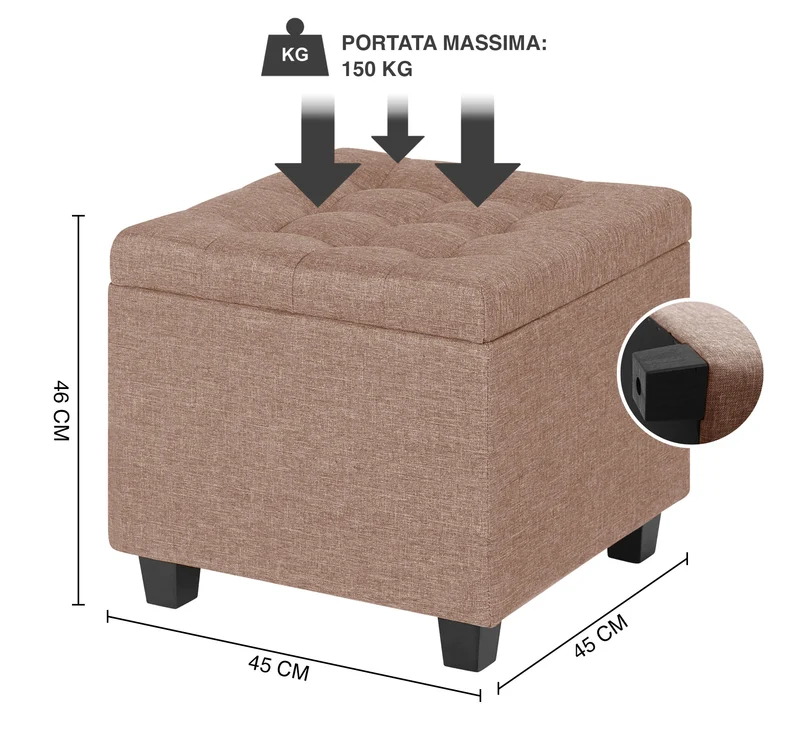 Pouf Poggiapiedi Cubico XXL Con Contenitore Integrato Cubo Imbottito Lino 45Cm Il Gruppone