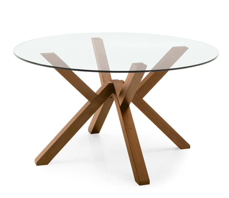 Teorema - Tavolo rotondo fisso con piano in vetro e gambe in legno massello cm 120x76h - vari colori