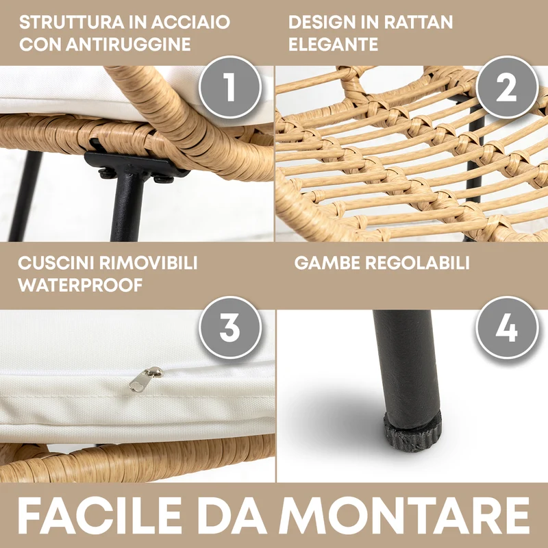 Set Bistrot da Esterno in Rattan con 2 Poltrone e Tavolino con Piano in Vetro e Cuscini Il Gruppone
