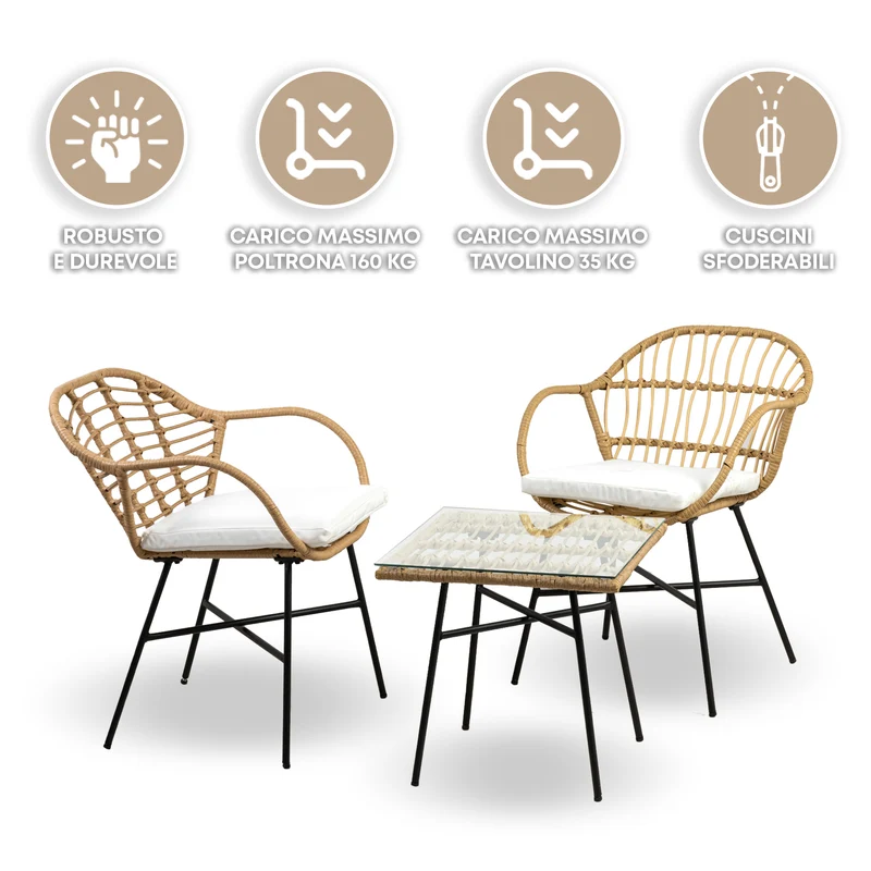 Set Bistrot da Esterno in Rattan con 2 Poltrone e Tavolino con Piano in Vetro e Cuscini Il Gruppone