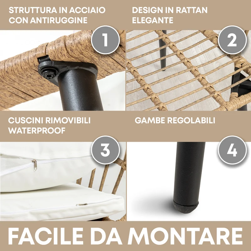 Set Bistrot da Esterno in Rattan con 2 Poltrone e Tavolino con Piano in Vetro e Cuscini Il Gruppone