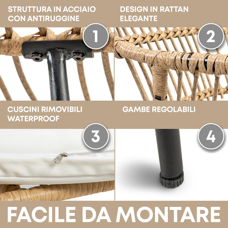 Set Bistrot da Esterno in Rattan con 2 Poltrone e Tavolino con Piano in Vetro e Cuscini Il Gruppone