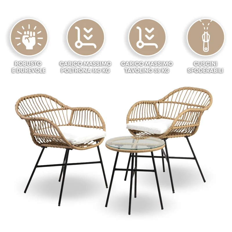 Set Bistrot da Esterno in Rattan con 2 Poltrone e Tavolino con Piano in Vetro e Cuscini Il Gruppone