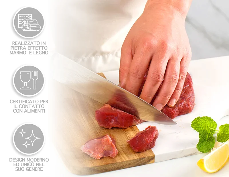 Tagliere Rettangolare 38×20 cm Effetto Marmo e Legno Certificato per Alimenti Il Gruppone