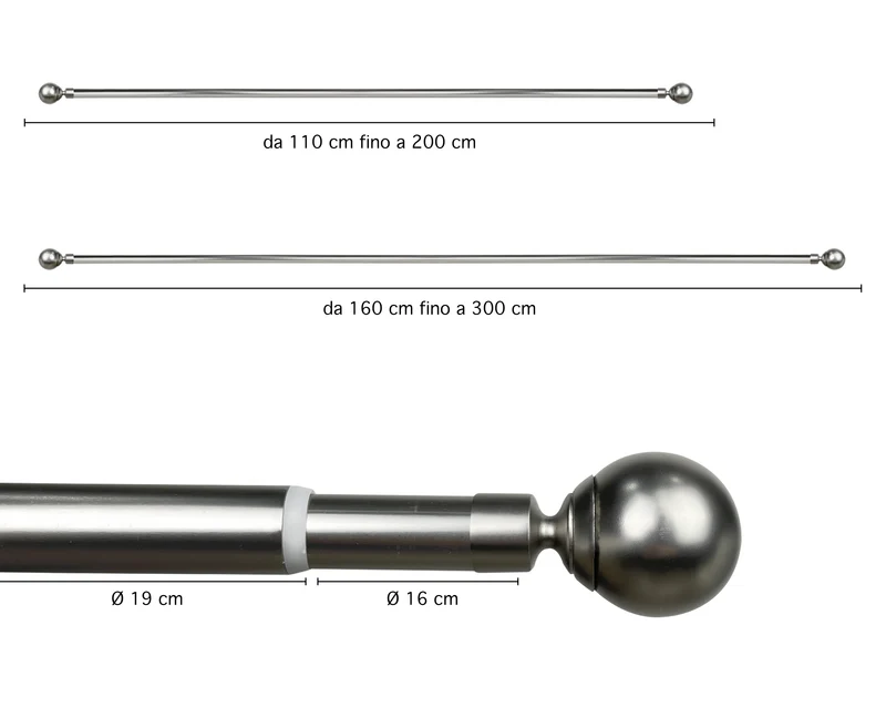 Bastone Per Tenda In Alluminio Estensibile 2 Misure 110/200 Cm 160/300 Cm Vari Terminali Lucidi e Satinati Supporti E Anelli Inclusi Bastoni Per Tende Staffa Tendaggi