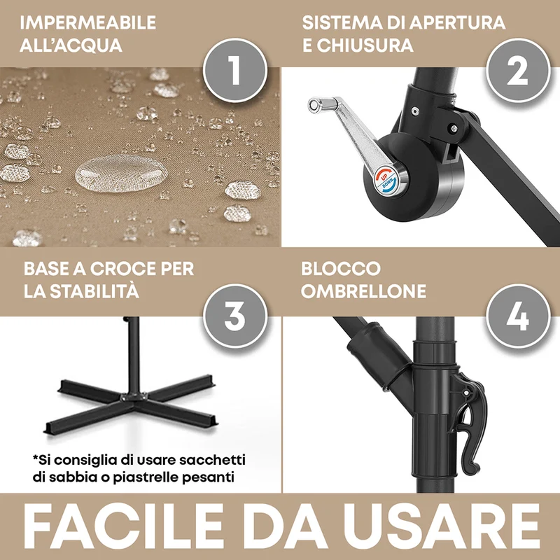 Ombrellone da Giardino Ø3 m con Manovella Struttura in Acciaio Antiruggine Reclinabile Antivento e UV Il Gruppone
