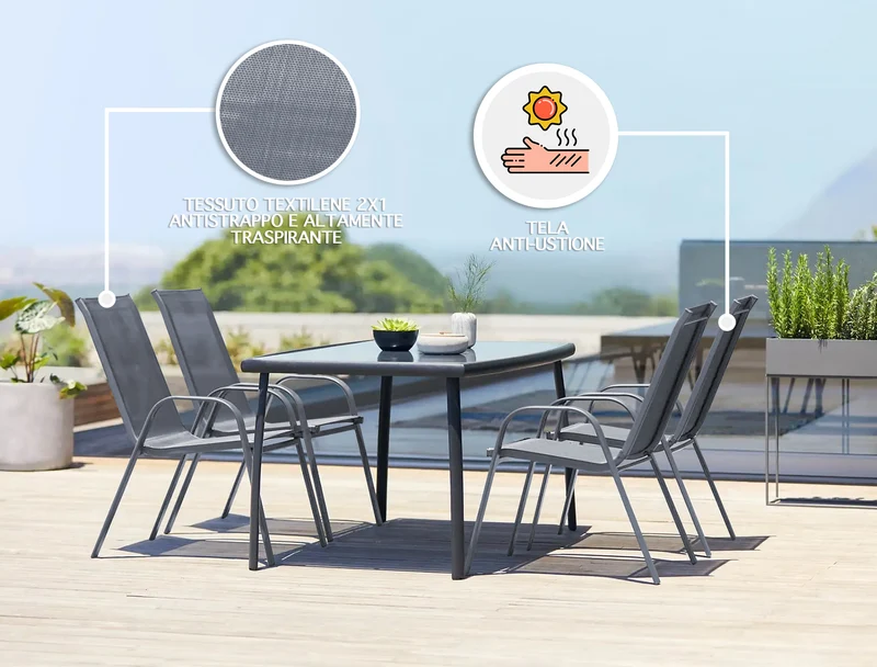Set 4 Sedie In Acciaio Impilabili Schienale Alto Seduta Textilene Sedie Da Esterno Terrazzo,Giardino,Balcone,Patio,Piscina 92x70x54Cm
