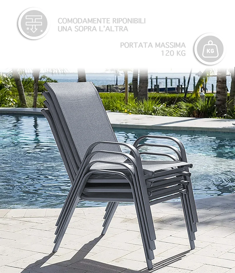Set 4 Sedie In Acciaio Impilabili Schienale Alto Seduta Textilene Sedie Da Esterno Terrazzo,Giardino,Balcone,Patio,Piscina 92x70x54Cm