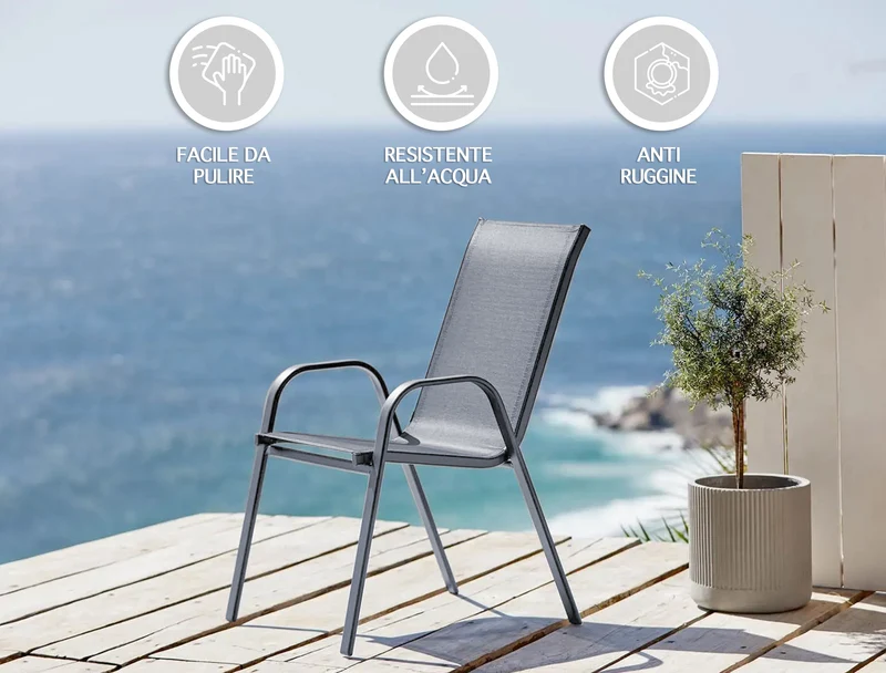 Set 4 Sedie In Acciaio Impilabili Schienale Alto Seduta Textilene Sedie Da Esterno Terrazzo,Giardino,Balcone,Patio,Piscina 92x70x54Cm