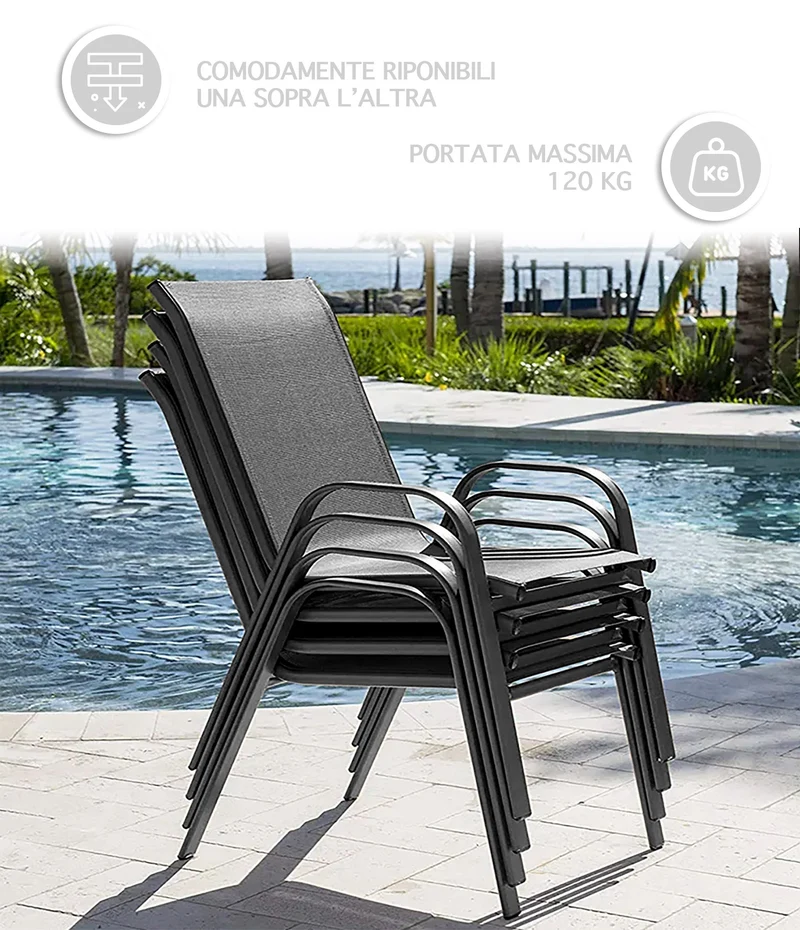 Set 4 Sedie In Acciaio Impilabili Schienale Alto Seduta Textilene Sedie Da Esterno Terrazzo,Giardino,Balcone,Patio,Piscina 92x70x54Cm