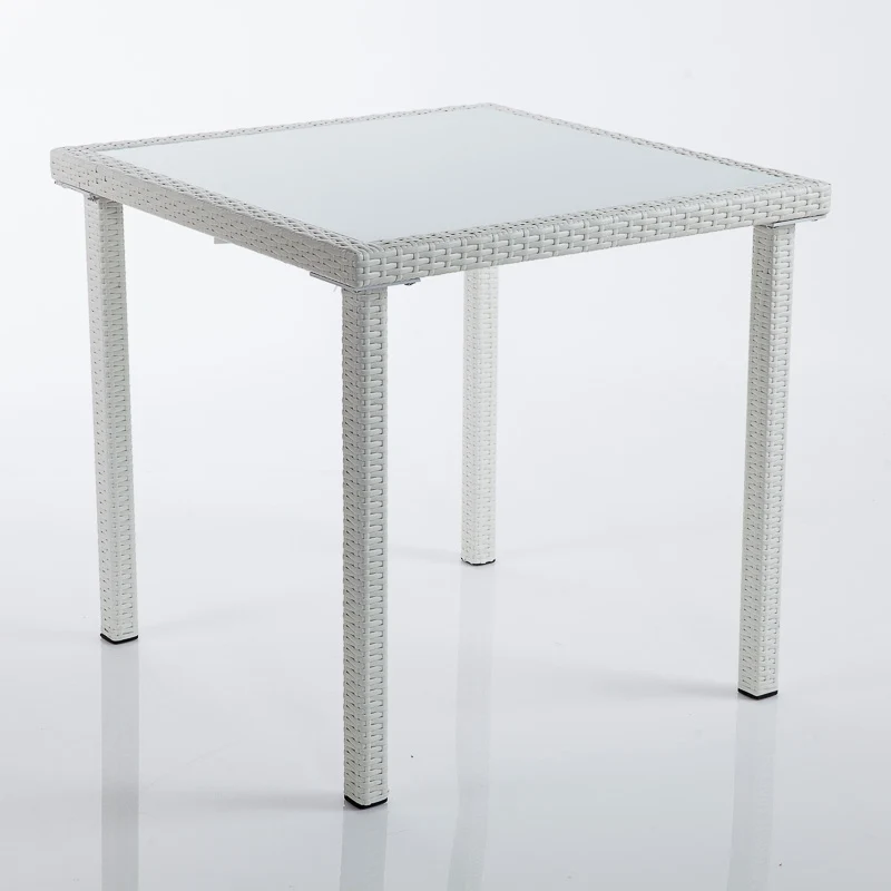 Tavolo quadrato in polyrattan e piano in vetro colore bianco o marrone