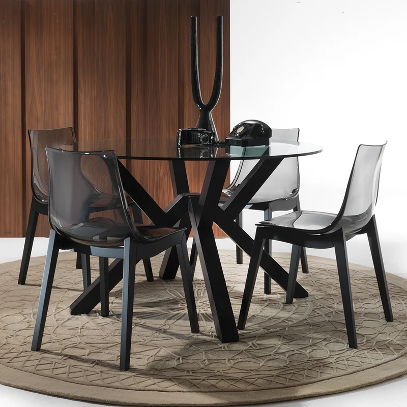 Teorema - Tavolo design tondo fisso con piano in vetro e gambe in massello cm 140x76h - vari colori