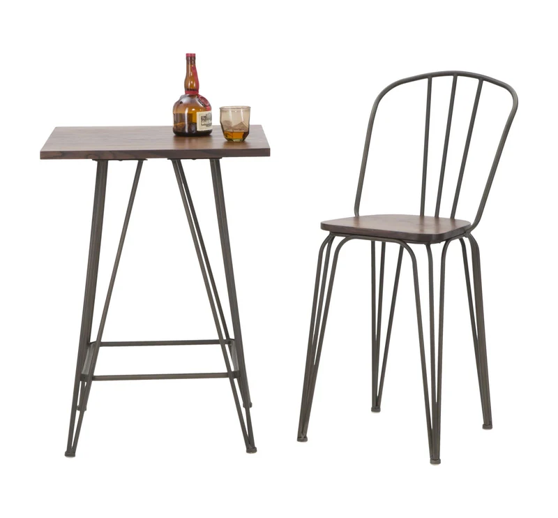 Set da 2 Sgabello alto per bar stile industrial in ferro e legno di olmo cm 54x45x102h