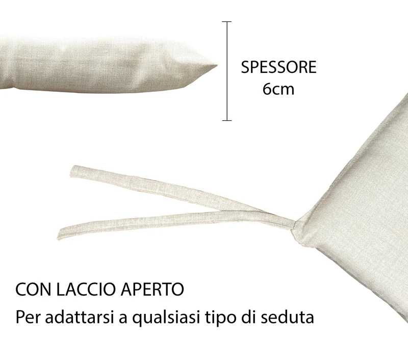 Set Cuscini per Sedia Imbottiti 6 cm con Lacci 4 Punti in Cotone 40x40 Made in Italy Il Gruppone
