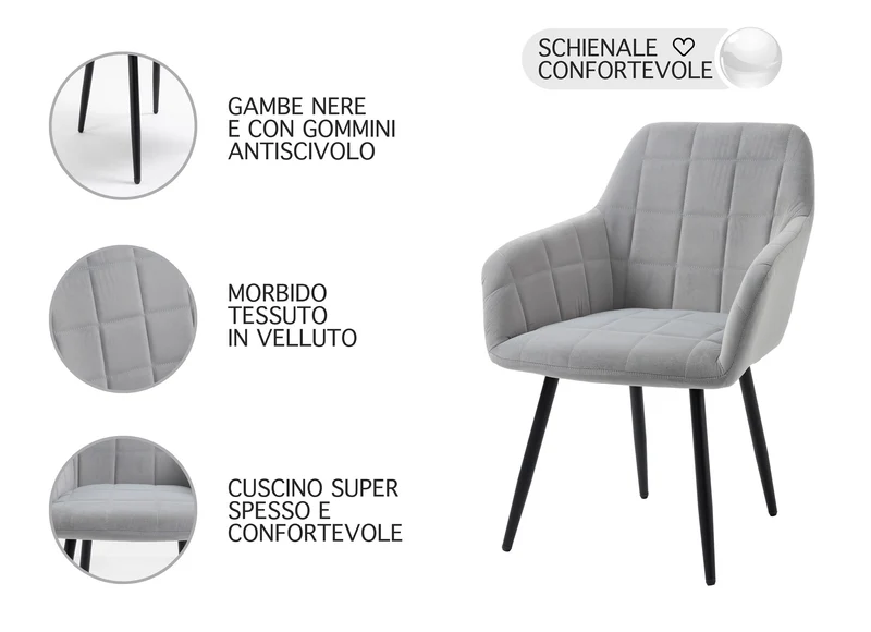 Poltroncina Classica con Braccioli per Camera da Letto in Velluto Design Moderno, con Gambe in Metallo Modello Odette
