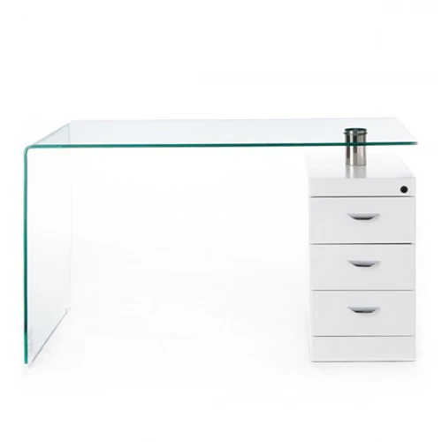 Scrivania moderna in vetro curvato e legno 3 cassetti cm 125x65x75h