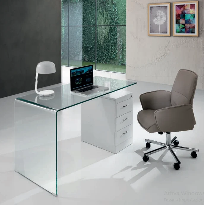 Scrivania moderna in vetro curvato e legno 3 cassetti cm 125x65x75h