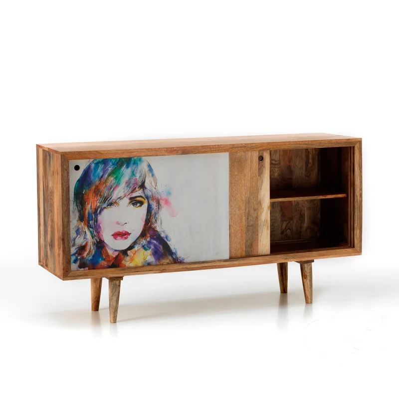 Madia moderna con ante scorrevoli in legno di mango ritratto di donna cm 160x45x85h