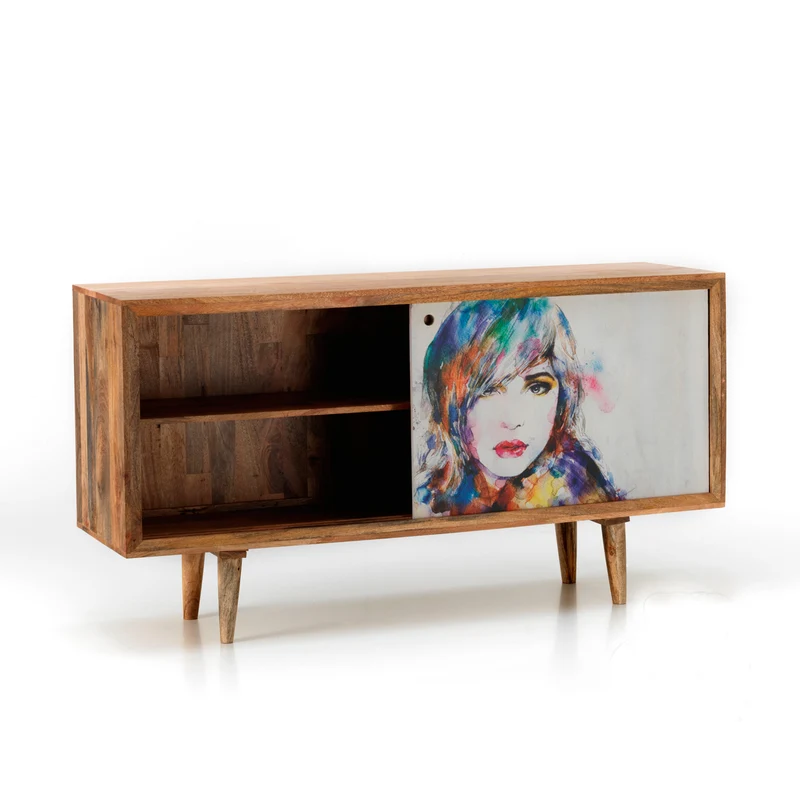 Madia moderna con ante scorrevoli in legno di mango ritratto di donna cm 160x45x85h