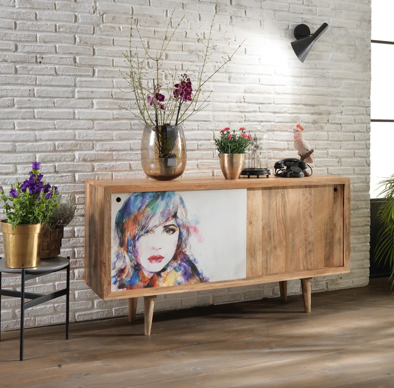 Madia moderna con ante scorrevoli in legno di mango ritratto di donna cm 160x45x85h