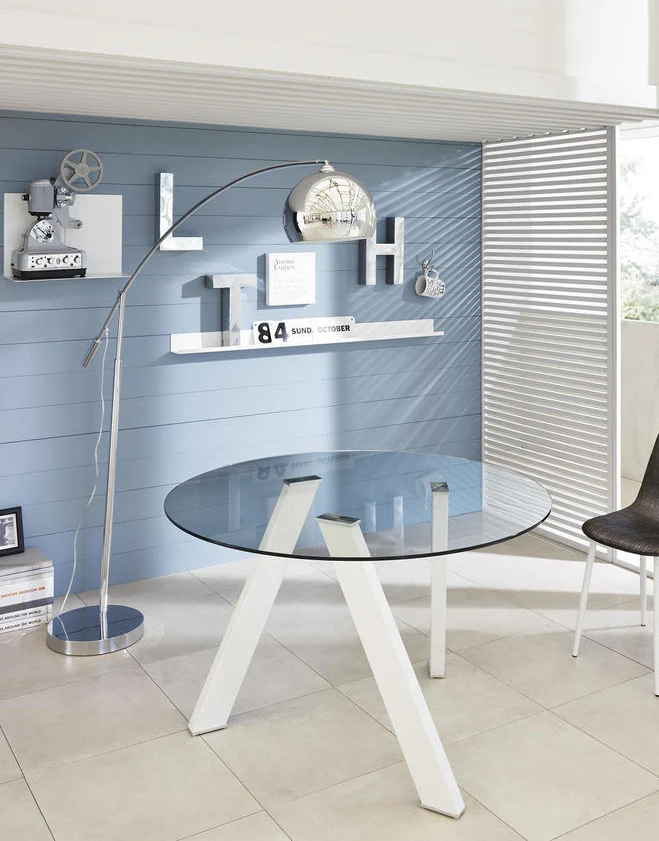 Tavolo tondo moderno base in metallo piano in vetro trasparente cm Ø 120x75h - vari colori