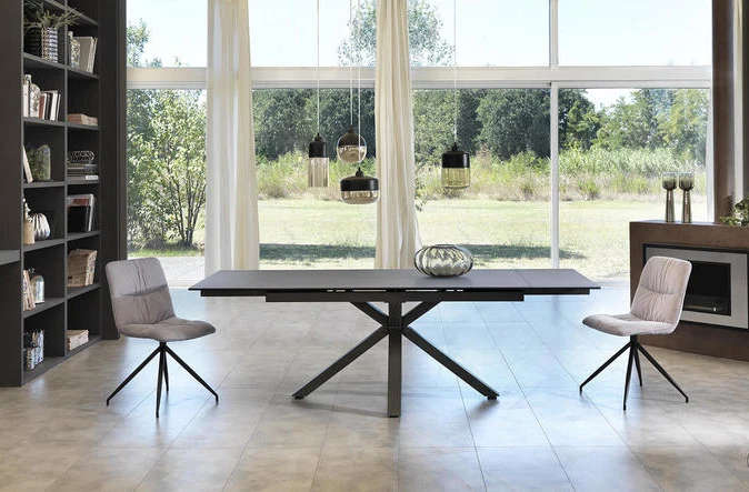 Tavolo moderno allungabile base in metallo piano in vetro e ceramica grigio cm 160/240x90x76h