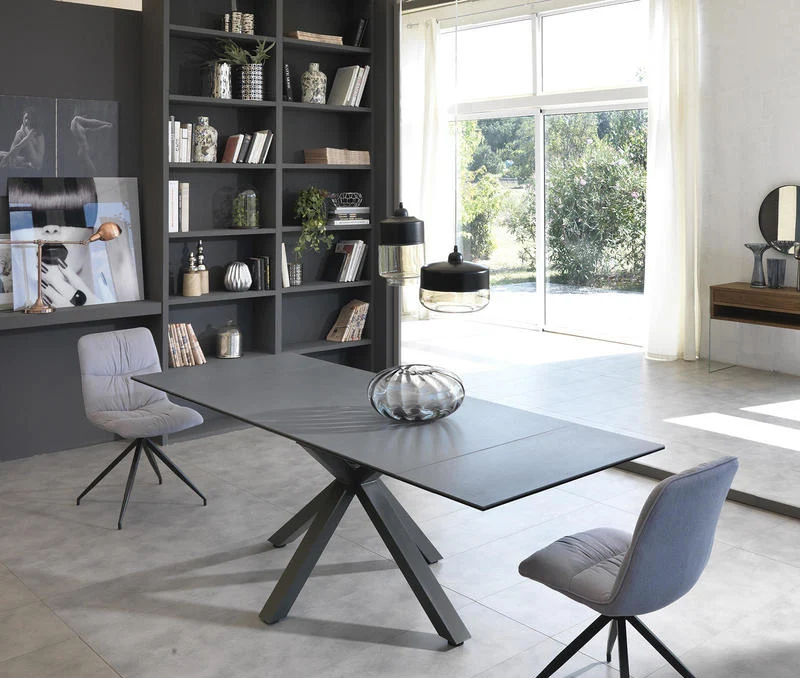 Tavolo moderno allungabile base in metallo piano in vetro e ceramica grigio cm 160/240x90x76h