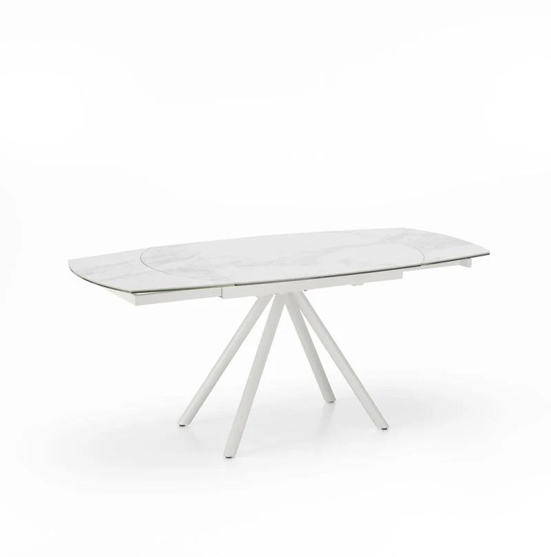 Tavolo moderno allungabile girevole con piano in ceramica effetto marmo cm 120/180x90x76h