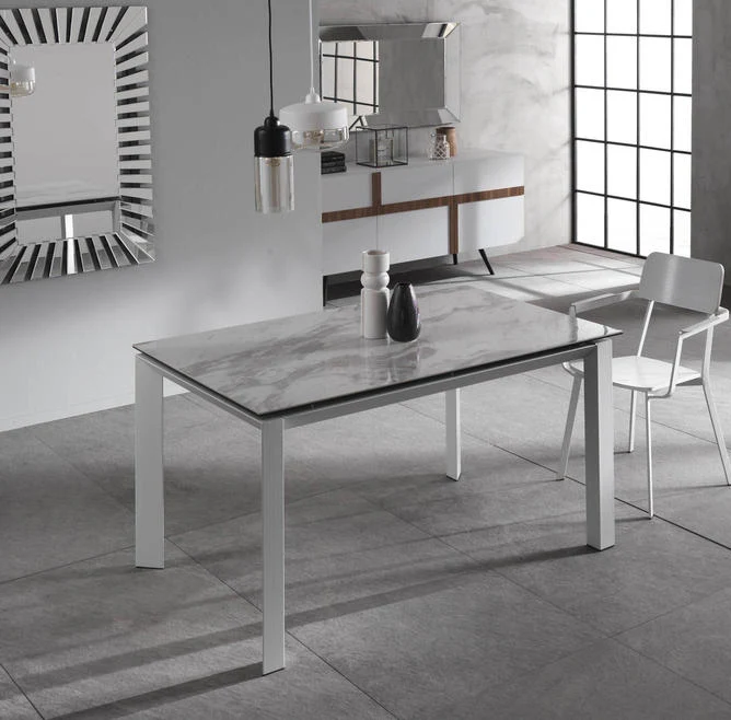 Account - Tavolo allungabile in metallo piano in ceramica effetto marmo cm 90x140/220x75h