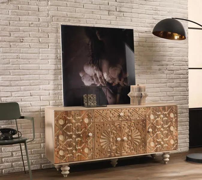 Madia stile etnico in legno massello di mango con ante e cassetto cm 160x45x85h