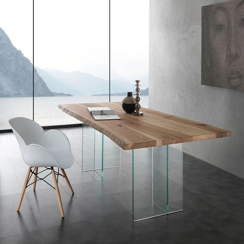 Bio Glass - Tavolo design fisso gambe in vetro piano in legno massello bordo corteccia - varie misure