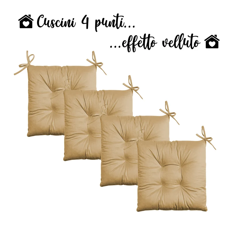 Set 4 Cuscini per Sedie Effetto Velluto con Lacci Tinta Unita Imbottitura 5 cm Made in Italy Il Gruppone