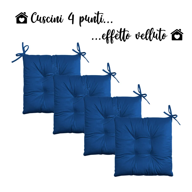 Set 4 Cuscini per Sedie Effetto Velluto con Lacci Tinta Unita Imbottitura 5 cm Made in Italy Il Gruppone