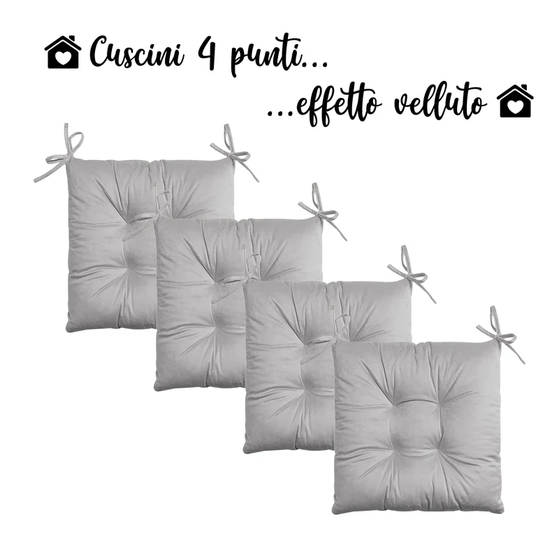 Set 4 Cuscini per Sedie Effetto Velluto con Lacci Tinta Unita Imbottitura 5 cm Made in Italy Il Gruppone