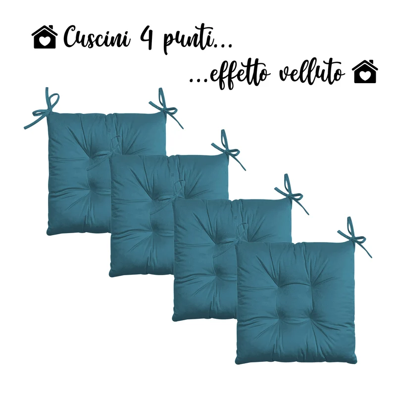 Set 4 Cuscini per Sedie Effetto Velluto con Lacci Tinta Unita Imbottitura 5 cm Made in Italy Il Gruppone