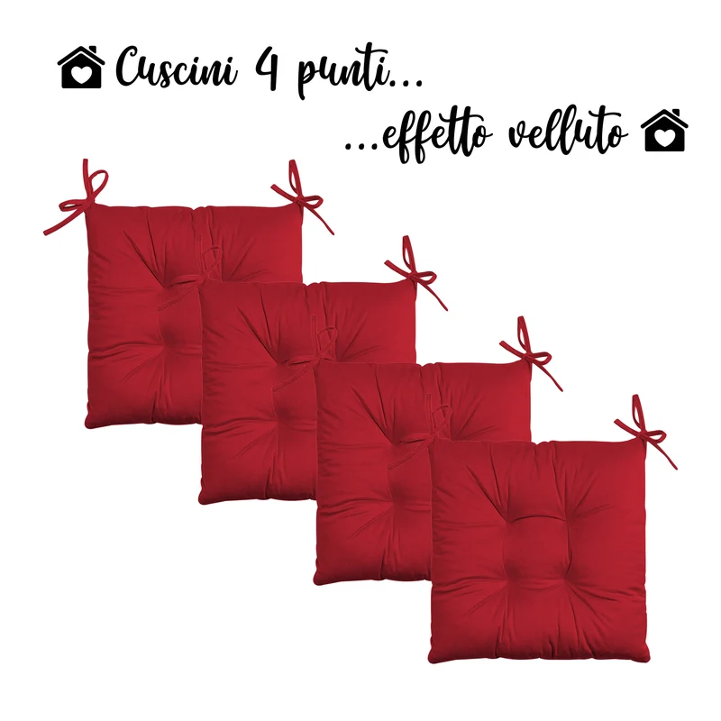 Set 4 Cuscini per Sedie Effetto Velluto con Lacci Tinta Unita Imbottitura 5 cm Made in Italy Il Gruppone