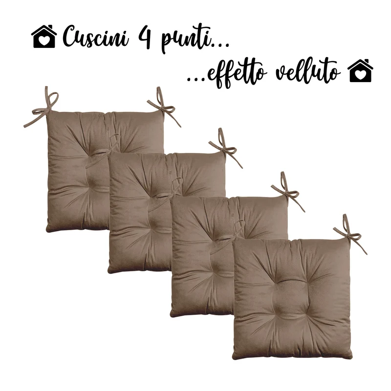 Set 4 Cuscini per Sedie Effetto Velluto con Lacci Tinta Unita Imbottitura 5 cm Made in Italy Il Gruppone