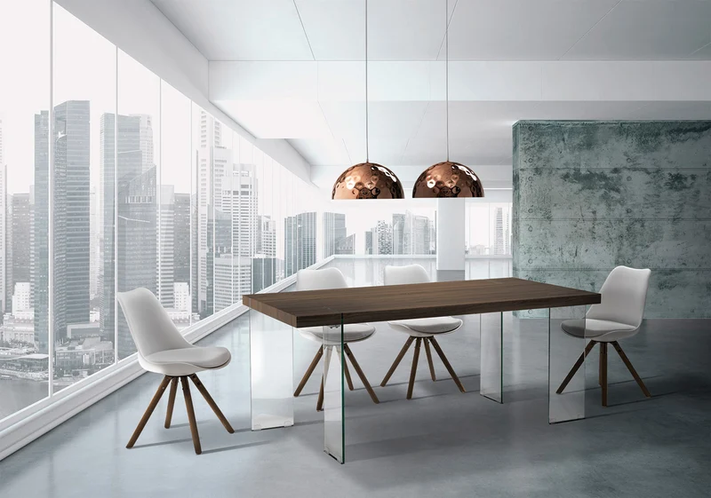 Tavolo design moderno fisso piano in legno naturale gambe in vetro - vari colori