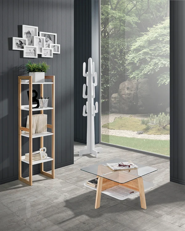 Tavolino da salotto basso moderno in legno e vetro trasparente con ripiano cm 60x60x30h