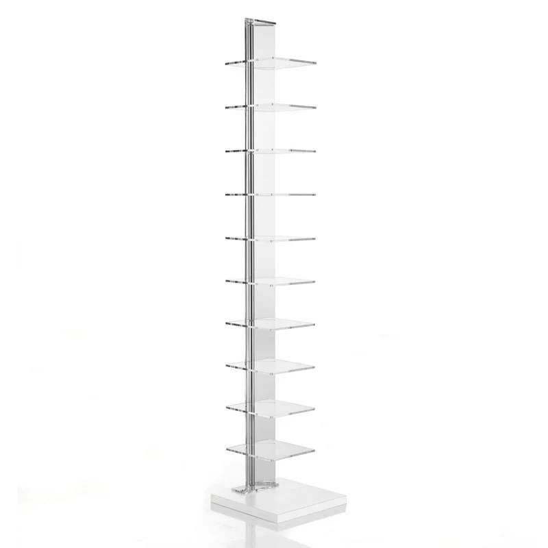 Libreria design a colonna da terra in metallo cromato piani trasparenti cm 30x30x148h