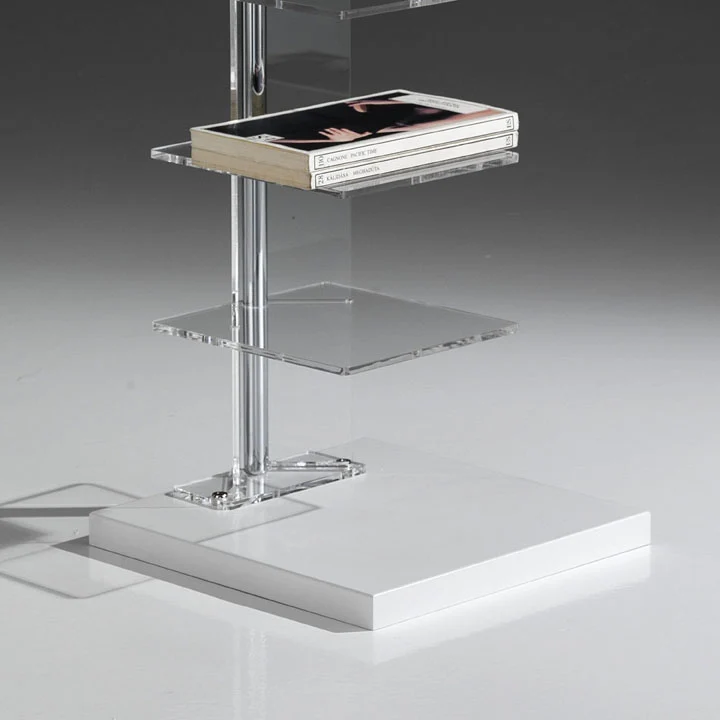 Libreria design a colonna da terra in metallo cromato piani trasparenti cm 30x30x148h