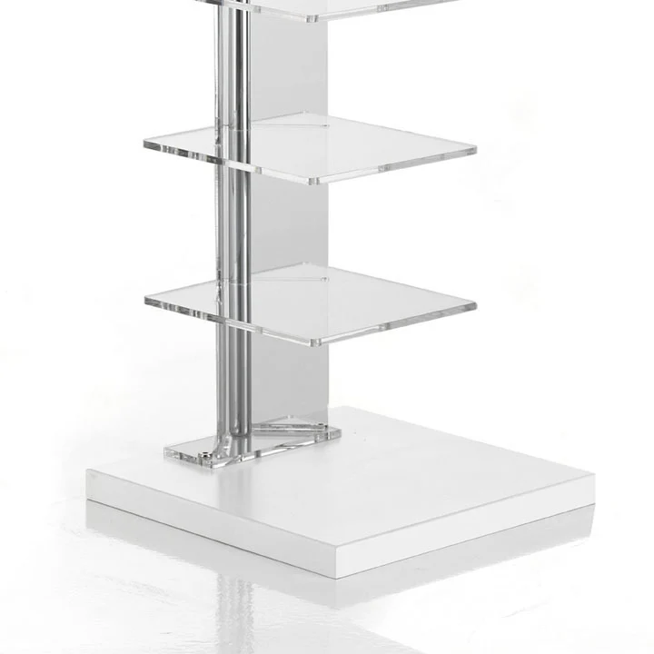 Libreria design a colonna da terra in metallo cromato piani trasparenti cm 30x30x148h
