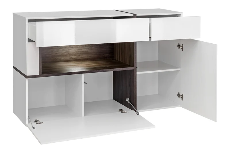 Cinzia - Madia da soggiorno credenza con cassetti e ante con luci a led in legno bianco e wengè