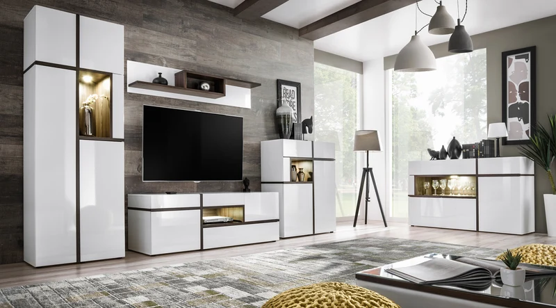Cinzia - Madia da soggiorno credenza con cassetti e ante con luci a led in legno bianco e wengè