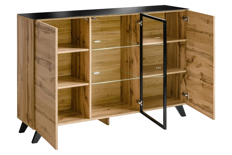 Madia credenza moderna in legno naturale e vetro cm 150x40x100h