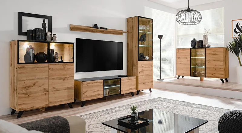 Madia credenza moderna in legno naturale e vetro cm 150x40x100h
