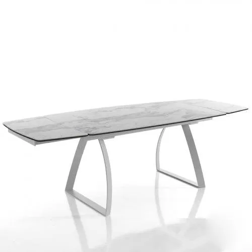 Tavolo allungabile moderno con piano in vetro e ceramica finitura marmo cm 160/200/240x90x70h
