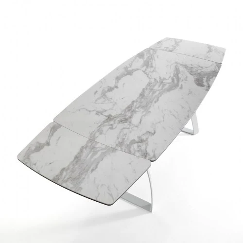 Tavolo allungabile moderno con piano in vetro e ceramica finitura marmo cm 160/200/240x90x70h