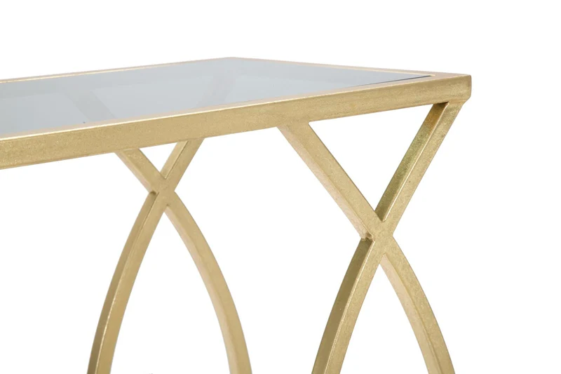 Tavolino da divano salotto moderno in metallo dorato e piano in vetro cm 45x25x60h